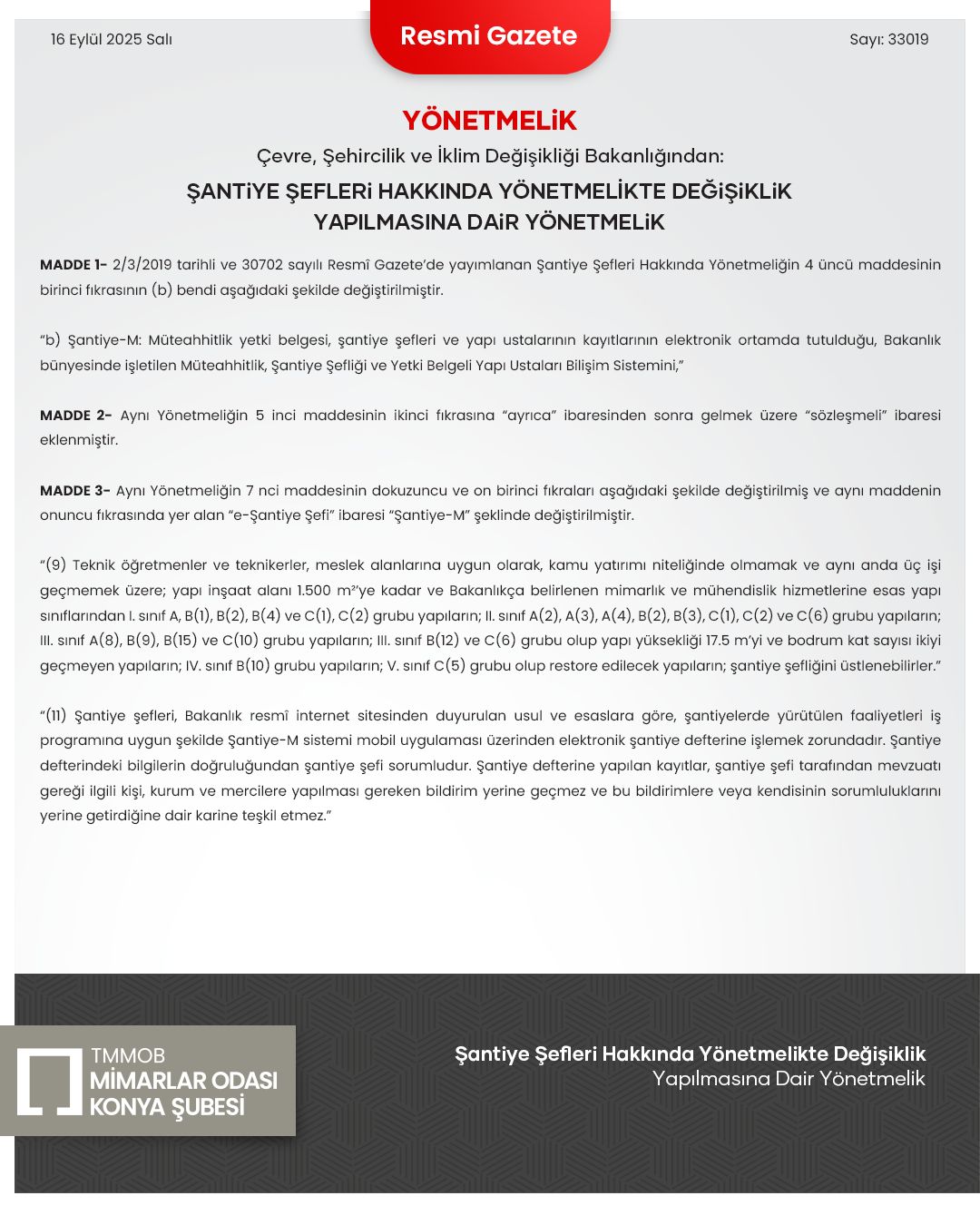Şantiye Şefleri Hakkında Yönetmelikte Değişiklik Yapılmasına Dair Yönetmelik