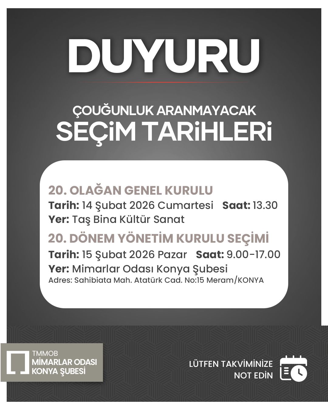 MİMARLAR ODASI KONYA ŞUBESİ 20. DÖNEM GENEL KURUL VE SEÇİM DUYURUSU