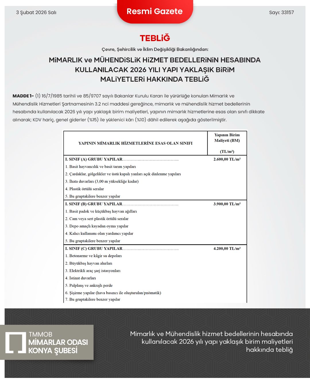 2026 Yılı Yapı Yaklaşık Birim Maliyetleri Hakkında Tebliğ